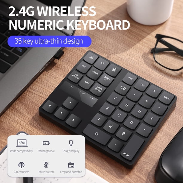 Teclado 2.4G Teclado Numérico Inalámbrico Portable 35 Teclas Contabilidad Financiera Teclado Batería Recargable Incorporada Negro Negro
