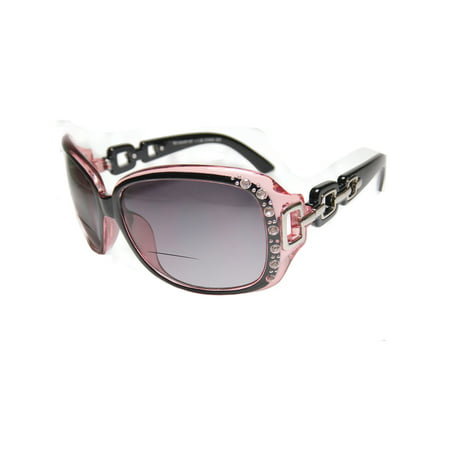 Womens Bifocal Lens Sunglasses Rhinestone Oversized Square Frame Pink +1.75