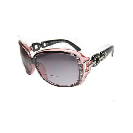 Rhinestone Logo Sunglasses - Womens Bifocal Lens Sunglasses Rhinestone Oversized Square Frame Pink +2.50