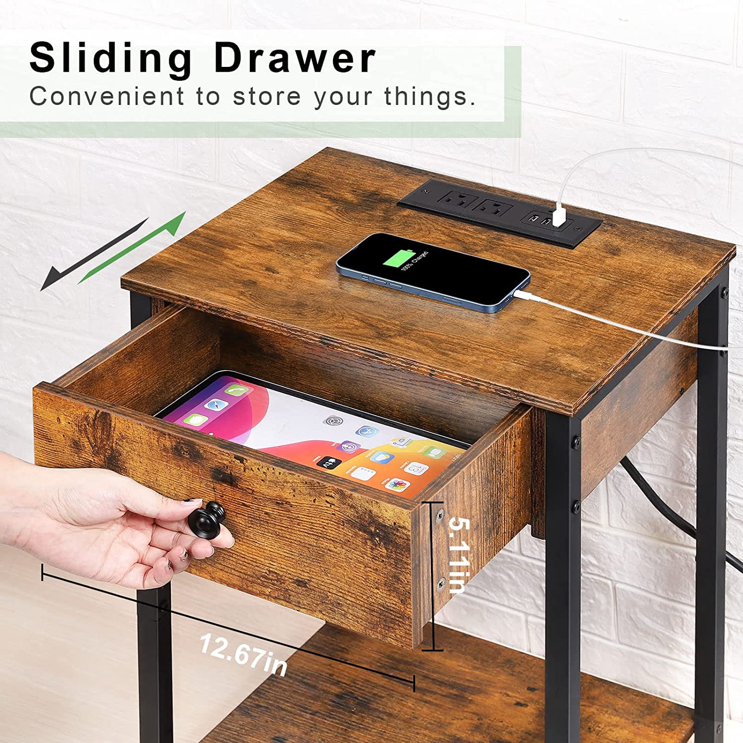 Oumilen Adult Nightstand End Table with Charging Station, USB Ports, Drawer and Storage Shelf, Rustic Brown