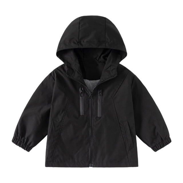Boys' Windbreaker Jacket, Kids Zip up Hoodie Coat Transitional Late Spring/Early Fall Jackets with Hood and Pockets, Soft Inner Windbreakers, Black, 8-9 Years