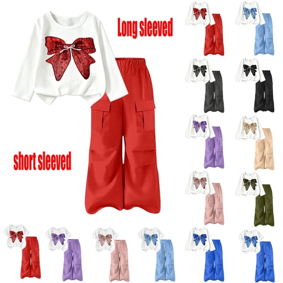 Girls 2 Piece Casual Outfits Bow Graphic Tee & Cargo Flare Pants Set, Short Sleeve Casual Kids Clothes for Tween Girls