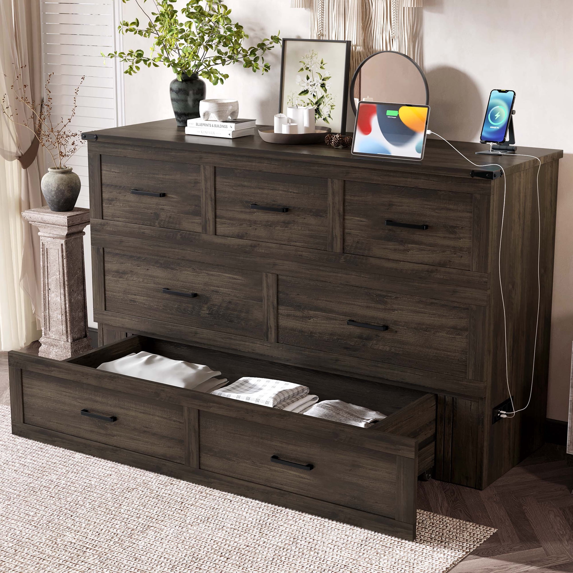Mintazer Queen Murphy Cabinet Bed with Charging Station & Large Storage Drawer, MultiFunctional Foldable Platform Bed for Guest Room Bedroom, Brown