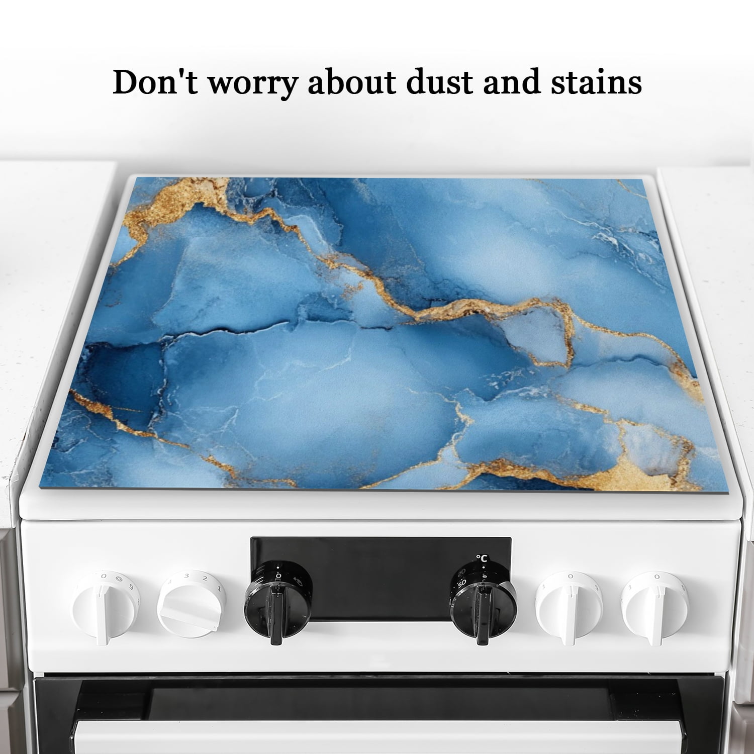 Stove Top Covers for Glasstop Stoves, Blue Marble Print Foldable Protector Mat, Abstract Gold Multi-functional Waterproof and Dustproof Pad for Kitchen RV (28×20 Inch)