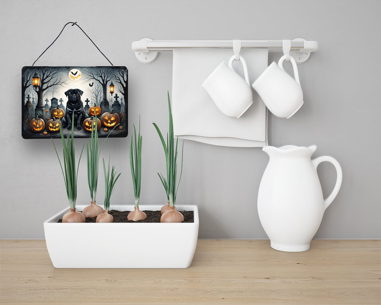 Black Pug Spooky Halloween Wall or Door Hanging Prints 8 in x 12 in