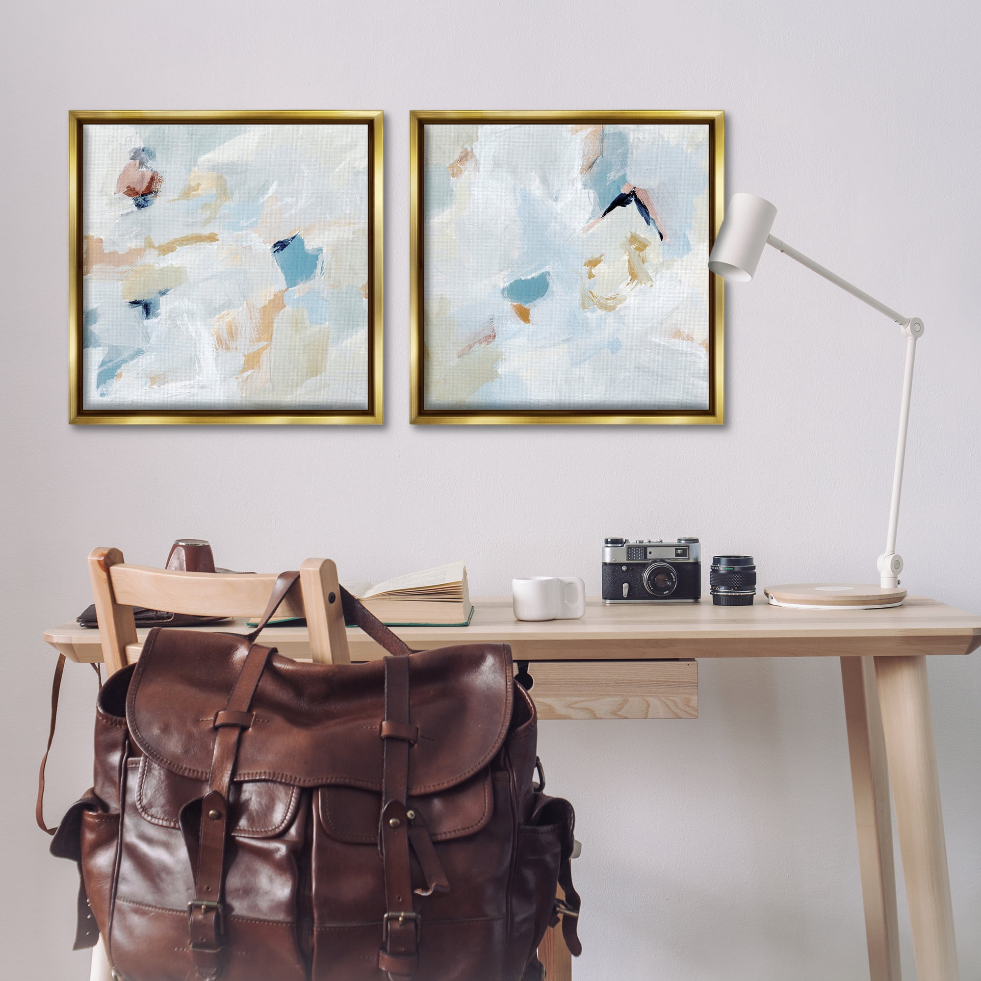 Stupell Industries Abstract Hint of Blue Clouds Abstract Painting Gold Floater Framed Canvas Art Print Wall Art, 25 x 25, Set of 2