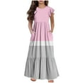 thumbnail image 2 of Girls Summer Maxi Dresses with Pockets 2025 Size 6-12 Kids Trendy Ruffle Short Sleeve Crewneck Color-Block Loungewear Long Dress, 2 of 5