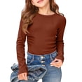 thumbnail image 2 of CCRFTGI Girls Long Sleeve Shirts Size 10-12 Crew Neck Ruched Side Slim Fit Layering Tops Classic Ribbed Cotton Teen Girls Tops Clothes Basic Tops Blouse Tee Deep Red 14-15Y, 2 of 4