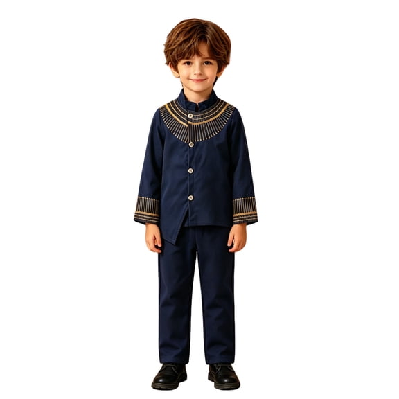 Weebloom Boys Formal Outfit African Bohemian Button Down Long Sleeve Shirt Pants Two Piece Casual Wear Dashiki Ankara Outfit Set Boy Clothes Set Size 3-4 Years Blue