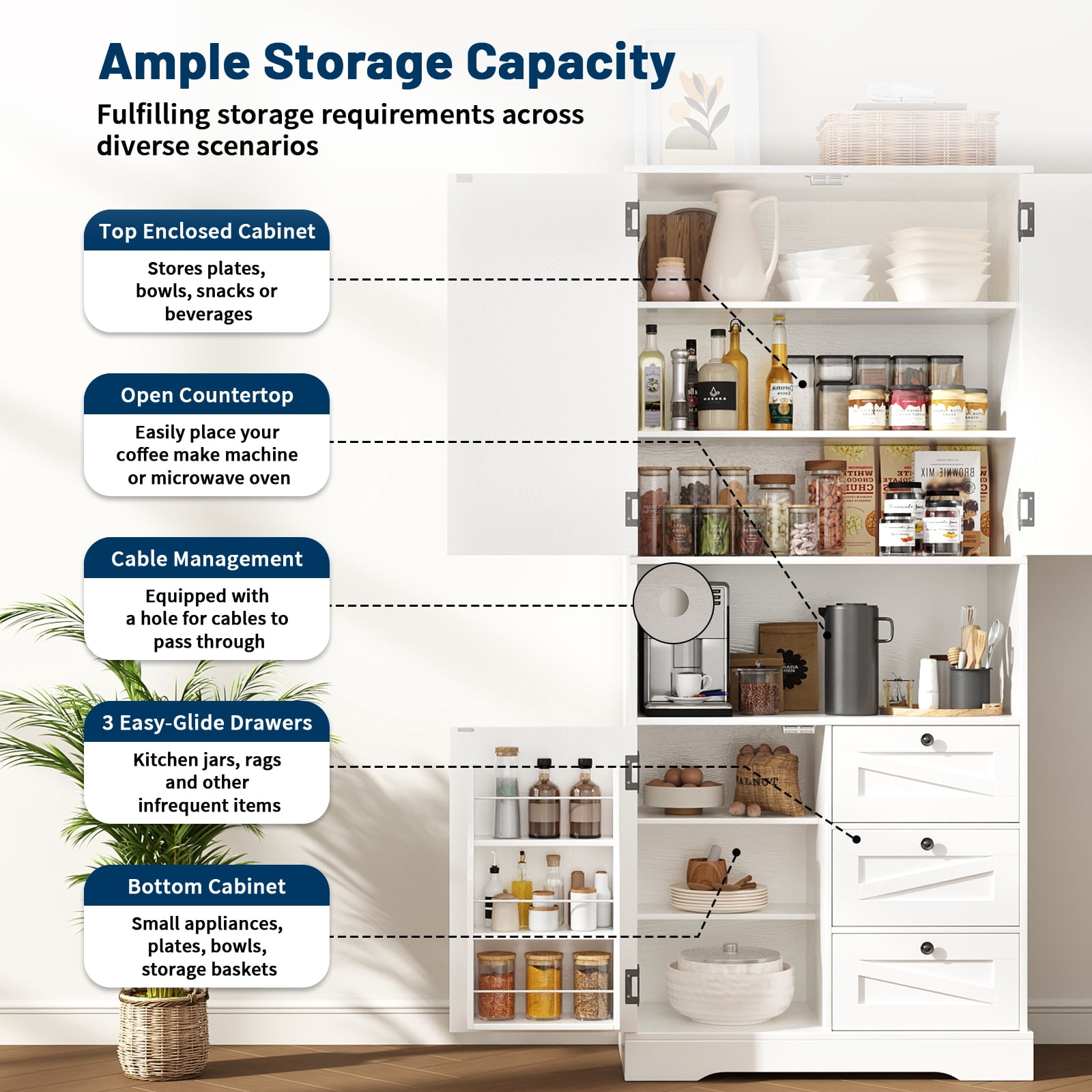 IDEALSOUL Pantry Storage Cabinet, White Kitchen Storage Cabinet with Doors and Shelves, 72”H Pastoral Style Wooden Pantry Cabinet for Kitchen, Living Room, Bathroom