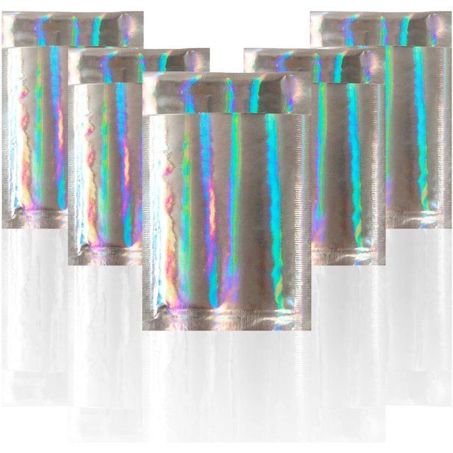 Sobres acolchados de burbujas de 4 x 7, 4 x 7; Paquete de 50 sobres tipo cojín con holograma con despegable y sellado; Envío holográfico metálico Glamour