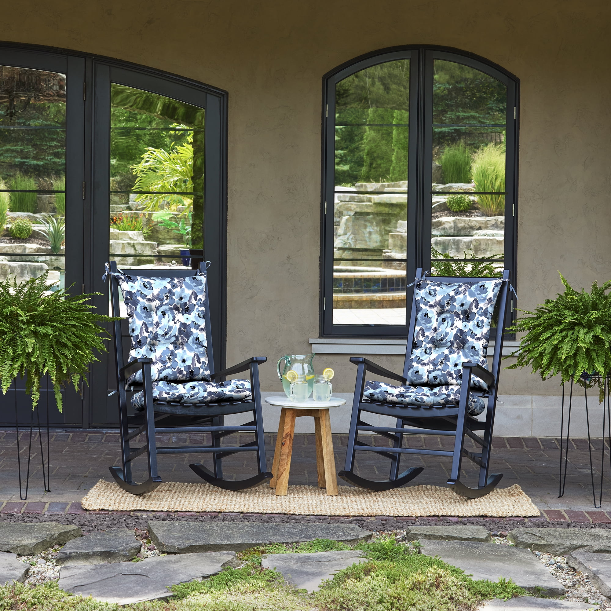 ARDEN Plush Indoor/Outdoor Rocking Chair Cushion Set, 2-Pack, 18 x 20, Water repellent, Fade Resistant, Tufted Cushion for Rocking Chairs 18 x 20, Blue Garden Floral