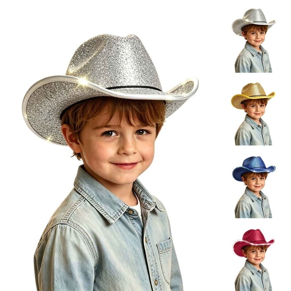 Faraee 9-15 Years Light Up Cowboy Hat for Kids Boys Girls Sparkly LED Flashing Western Disco Cowgirl Hats for Halloween Theme Birthday Party Blue
