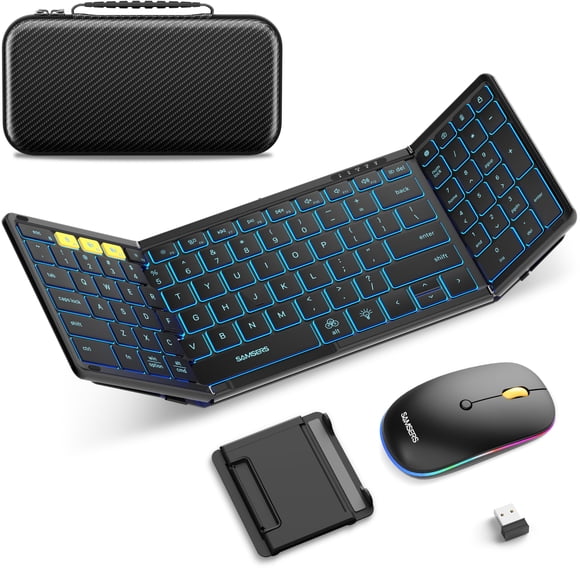 Samsers Foldable Keyboard and Mouse, Folding Bluetooth Keyboard Mouse Combo with Backlight, 2.4G + BT5.0 x 2, Full-Size Travel Keyboard & Portable Wi