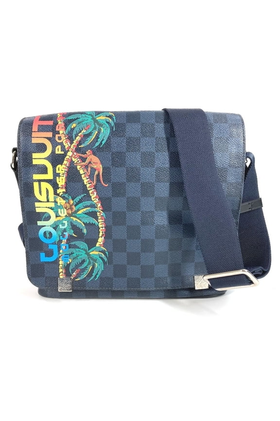 Pre-Owned LOUIS VUITTON N50005 Damier Cobalt District PM Crossbody Bag with Flap, Navy Blue,...