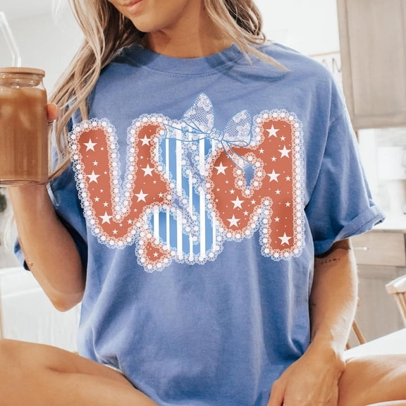 Coquette 4th of July T-Shirt, Shabby Chic USA Tee with Bow and Lace, Military Mama Auntie Patriotic Shirt, Cottagecore Summer Look