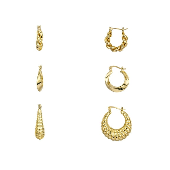 Believe by Brilliance Women's Rope, Wave, Twist Puff Hoop Earring Set in 14K Gold Flash Plated Brass, 3-Pieces