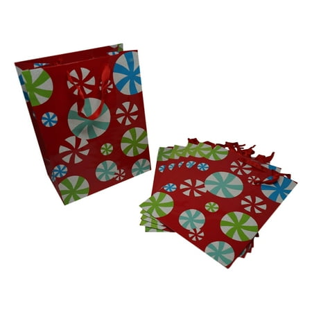 Holiday Gift Bags - Peppermint Candies with Glitter - 6 Bags (10 in. x 5.75 in. x 13 in. )
