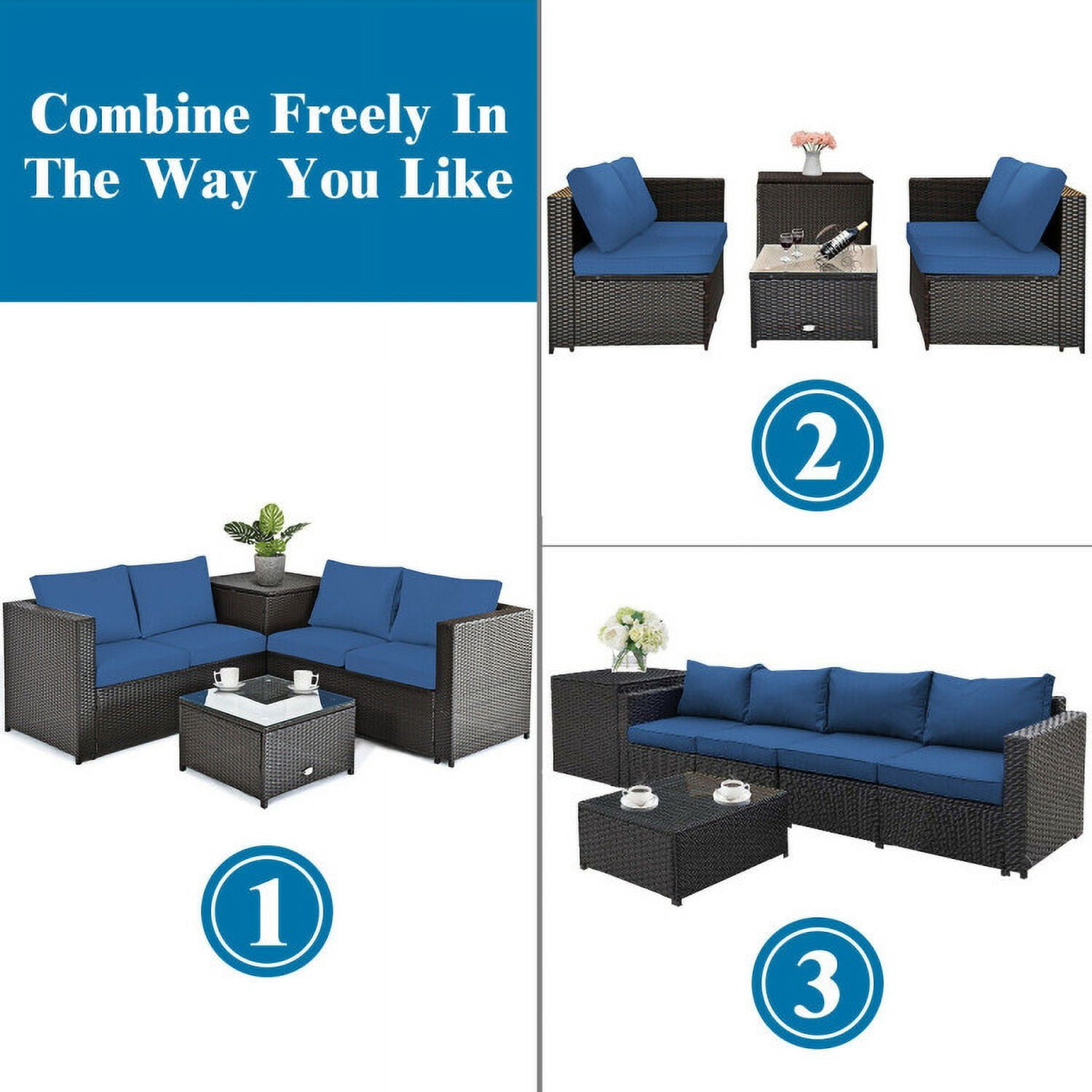 Aimee Lii 4 Pieces Outdoor Patio Rattan Furniture Set with Cushioned Loveseat and Storage Box, Outdoor Deck Furniture, Navy
