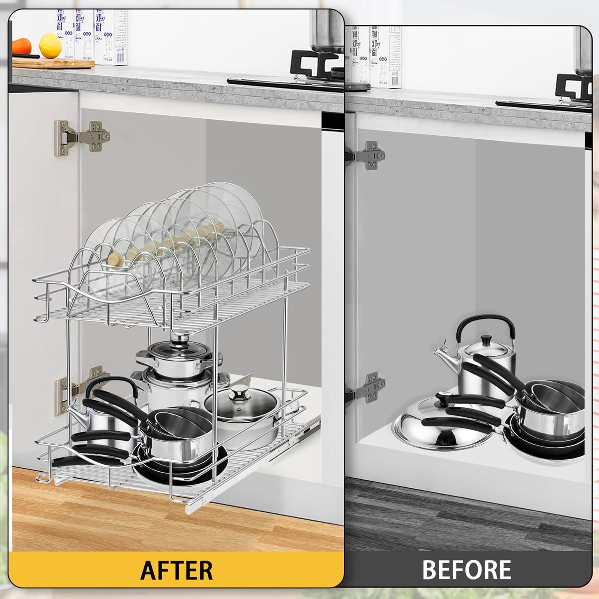 FULGENTE Pull Out 2-Tier Lid Cookware Cabinet Organizer