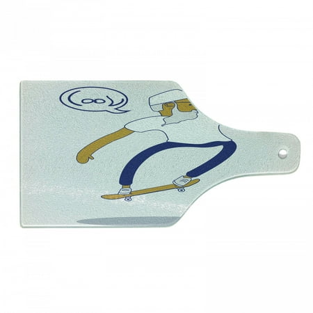 

Indie Cutting Board Cool Hipster Old Man on Skateboard with Beard Sunglasses Urban Character Tempered Glass Cutting and Serving Board Wine Bottle Shape Pale Coffee Blue White by Ambesonne