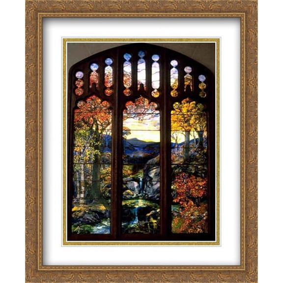Autumn Landscape 2x Matted 28x34 Large Gold Ornate Framed Art Print by Tiffany, Louis Comfort