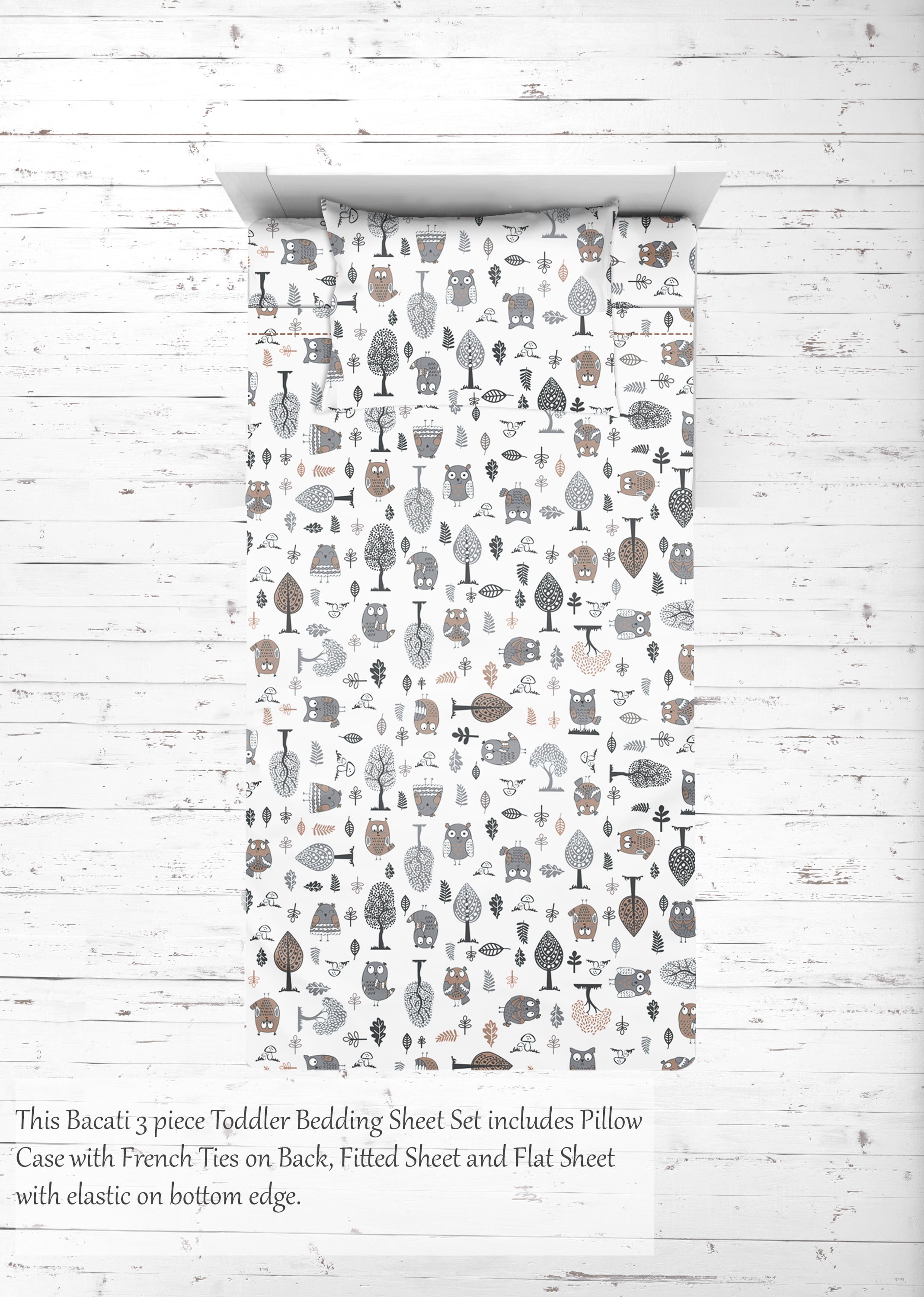 Bacati - Owls Grey/Beige Neutral Cotton Toddler Sheet Set