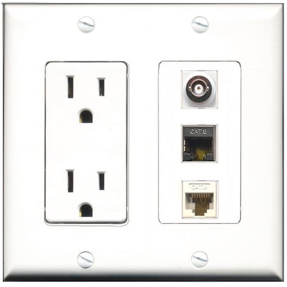 RiteAV - 15 Amp Power Outlet 1 Port Shielded Cat6 Ethernet Ethernet 1 Port BNC 1 Port Cat6 Ethernet Ethernet White Decorative Wall Plate