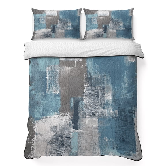 Queen Quilt Set 90''x96'', Blue Grey Lightweight Summer Bedspread Coverlet Set with 2 Pillow Shams, Modern Oil Painting Art Abstract Breathable All Season Quilt Bedding for Bedroom/Guest Room