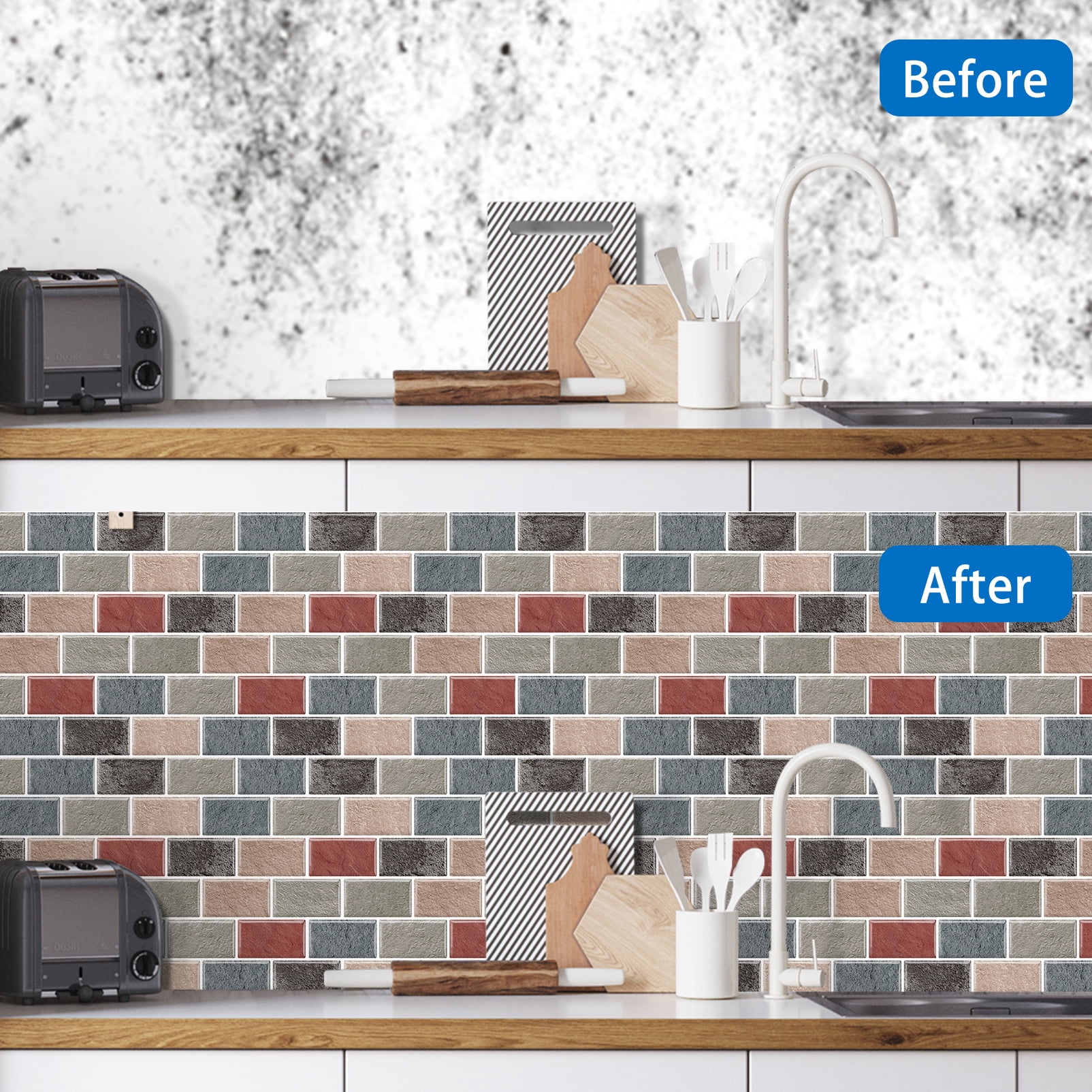 DEWOO Peel and Stick Backsplash - 10 Sheets of 12"×12" - 3D Adhesive Peel and Stick Tile Backsplash for Kitchen, Bathroom, Wall Tile, Multicolor