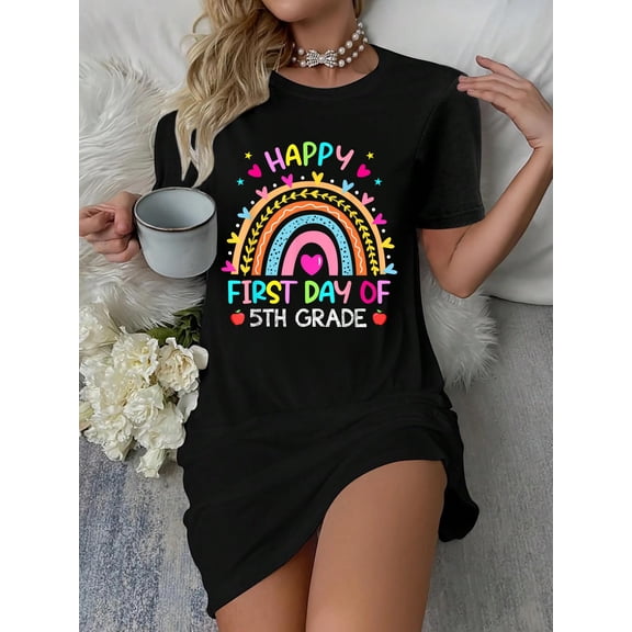 Rainbow Happy First Day Of 5th Grade Back to school T-Shirt Dress Casual Summer Dress Everyday Outfit