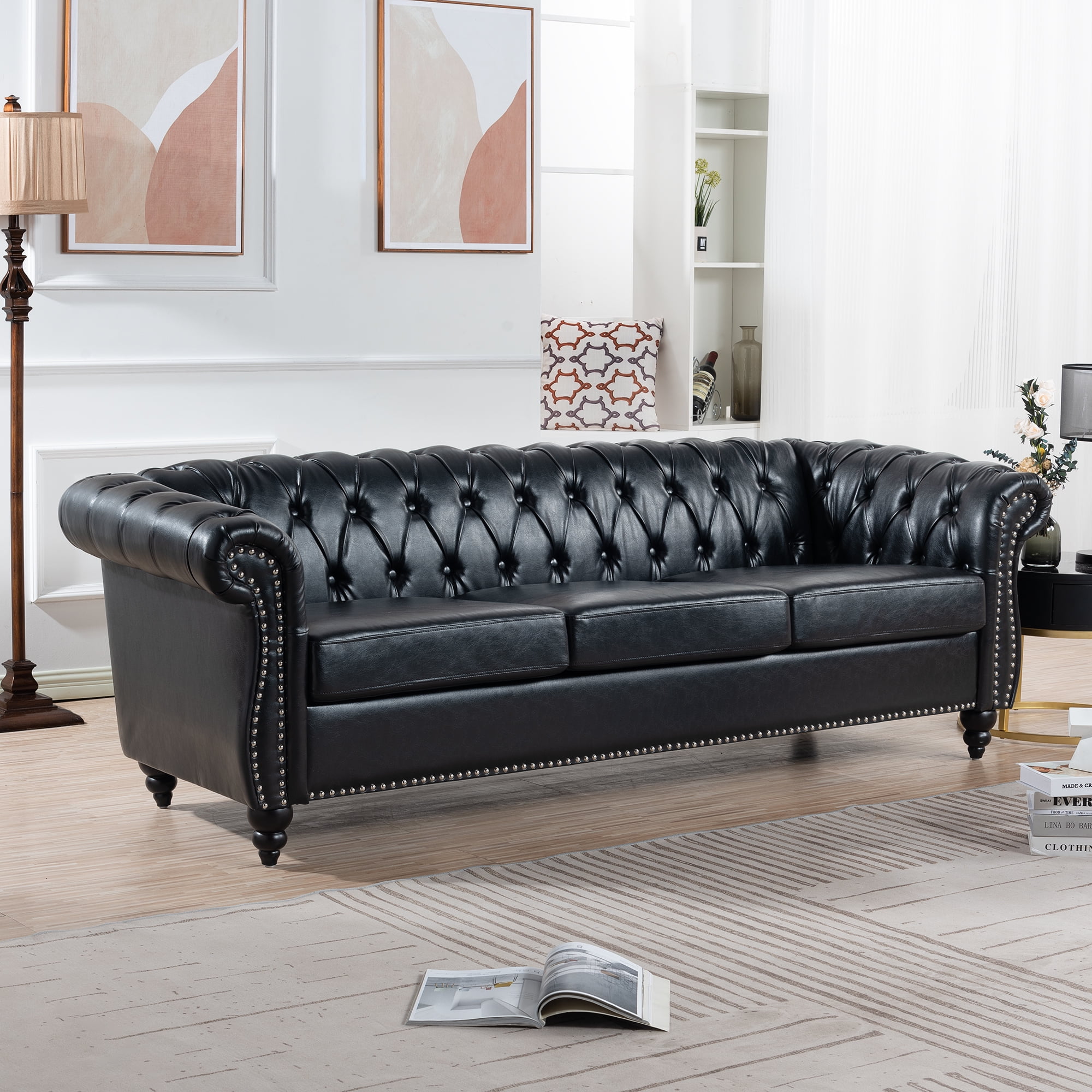 Miniyam 85" PU Rolled Arm Chesterfield 3 Seater Sofa, Black