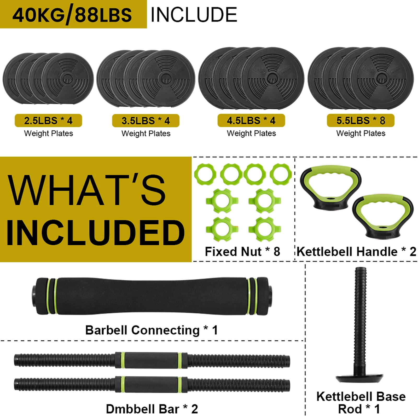 Adjustable Dumbbells, 66/88Lbs Free Weight Set with Connector, 4 In1 Weight Dumbbell Set Used As Kettlebells, Barbell, Fitness Exercise for Home Gym