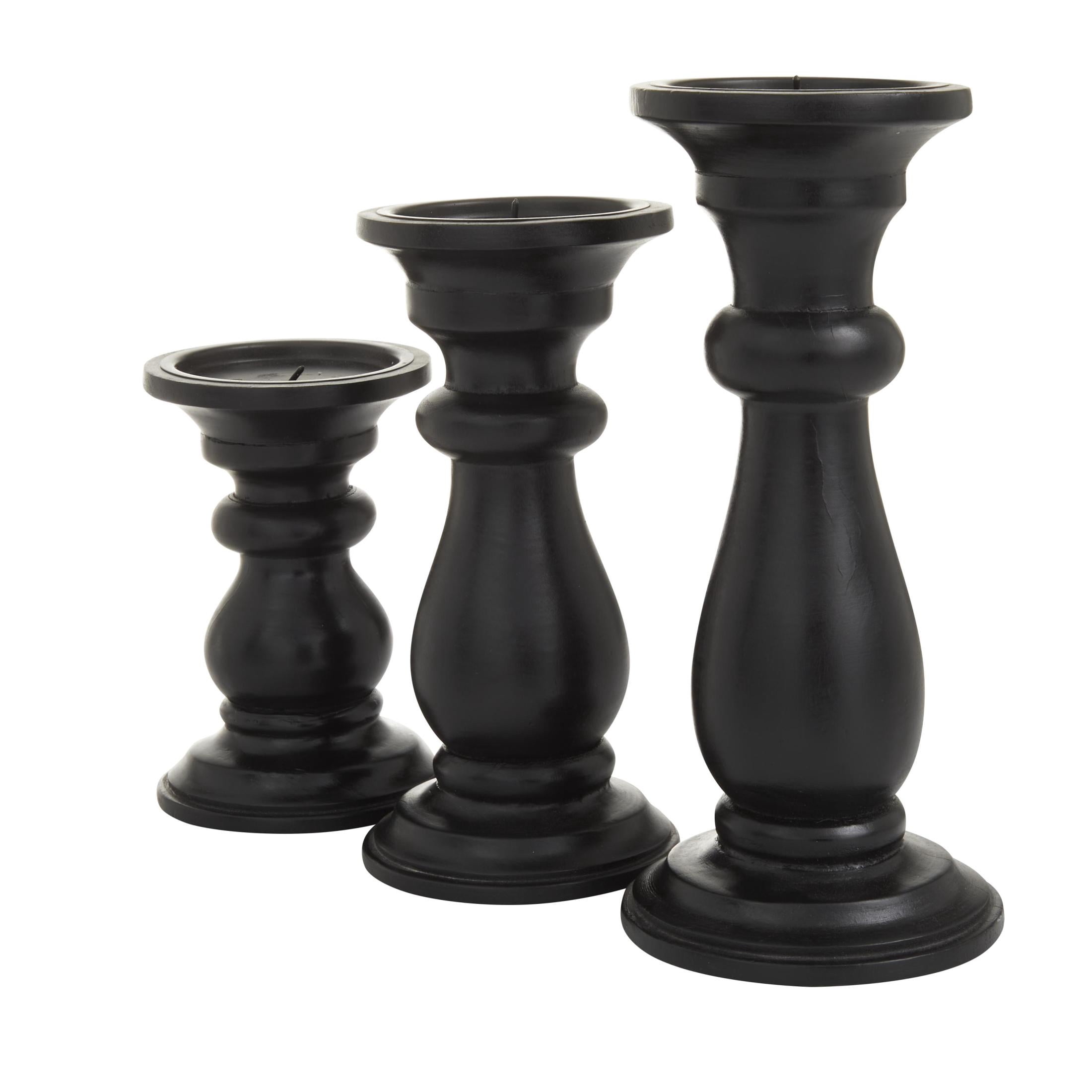 DecMode 3 Candle Black Mango Wood Turned Style Pillar Candle Holder, Set of 3