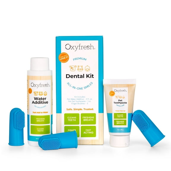 Oxyfresh Premium Pet Dental Kit, Easy Dog & Cat Fresh Breath & Teeth Cleaning Solution, Vet Formulated Toothpaste 1oz, Water Additive 3oz, & 3 Brushes