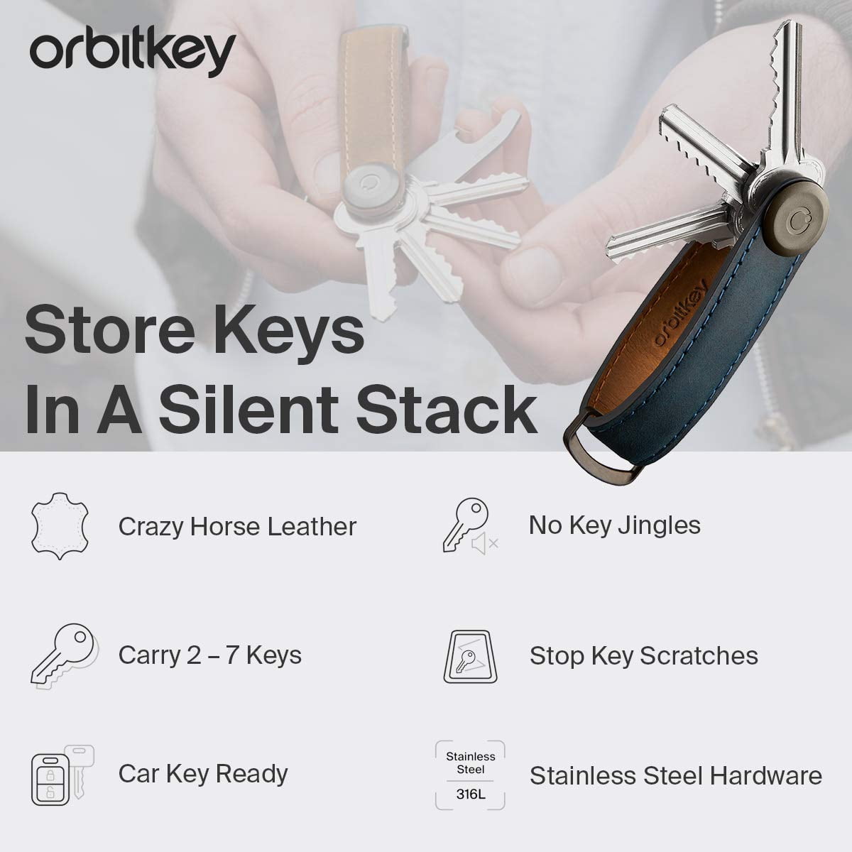 Orbitkey Leather Keychain Organizer - Cognac, Holds 7 Keys (4.7")