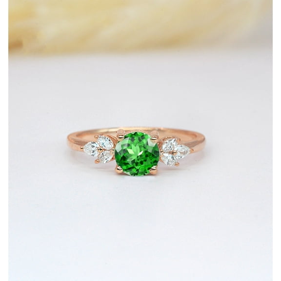 14K Yellow Gold Plated Art Deco Green Tsavorite Engagement Ring: Diamond Bridal Promise Ring