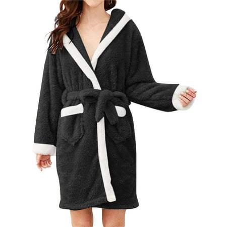 

Glonme Solid Color Fuzzy Plush Bathrobes for Women Soft Bedroom Sleepwear Loose Lace Up Sherpa Bathrobe Black XL