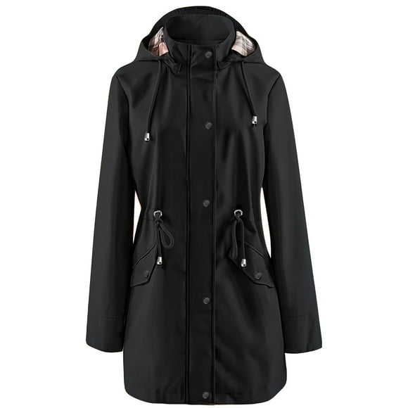 UPPADA Rain Jackets for Women Plus Size Solid Color Rain Jacket Outdoor Hooded Windproof Loose Outdoor Trench Coat with Pocket Coat Hooded Windbreaker with Pockerts Black XXXXXL