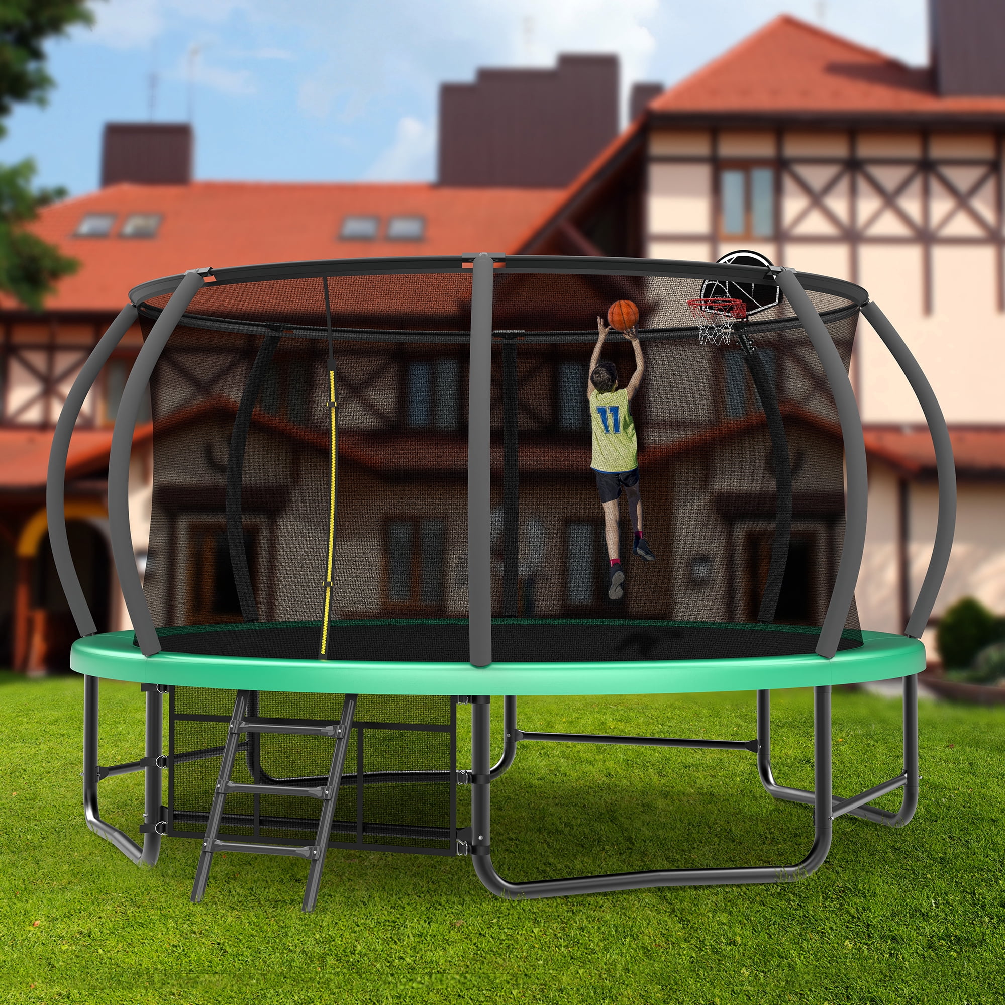 Leumius 14FT Trampoline with Basketball Hoop,Outdoor Pumpkin Recreational Trampolines with Ladder,Heavy-Duty Trampoline with Safety Enclosure for Kids and Adults,Green