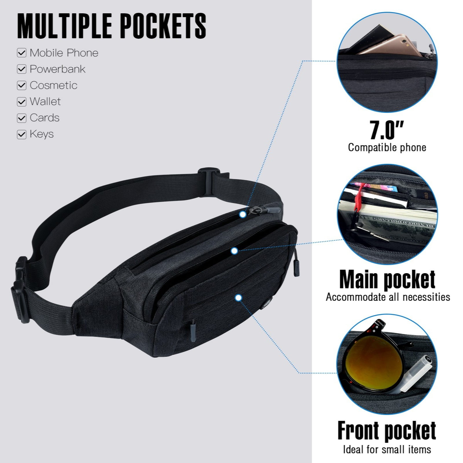 WATERFLY Unisex Lightweight Running Hiking Jogging Nylon Fanny Pack Waist Bag-Black
