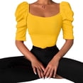 thumbnail image 1 of Camiseta informal de manga abullonada para mujer, cuello redondo, corte entallado, acanalada, color puro, 1 of 7