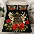 thumbnail image 2 of Manfei Skeleton Skull Hands Twin Sheet Sets, Red Rose Floral Flower Twin Fitted Sheet, Gothic Romantic Flat Sheet, Microfiber Bedroom Decor, 3-Piece, 2 of 7
