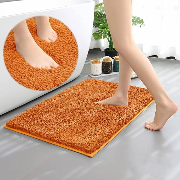 Chenille Bathroom Rug Mat – Thick Soft Absorbent Plush Shaggy Bath Mat – Non-Slip Rubber Backing – Machine Washable – Orange – 24" x 16.5" – Contemporary Shower Floor Rug