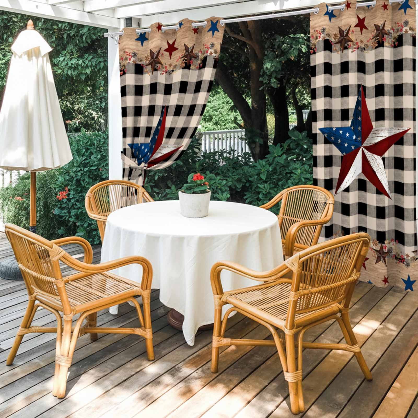 Country Stars Outdoor Curtains for Patio, Vintage Black Plaid U.S. Flag Farms Wood Board Sunshade Privacy Drapes Grommet Waterproof Outside Curtains for Porch/Cabana/Balcony 54"x 108", 1 Panel