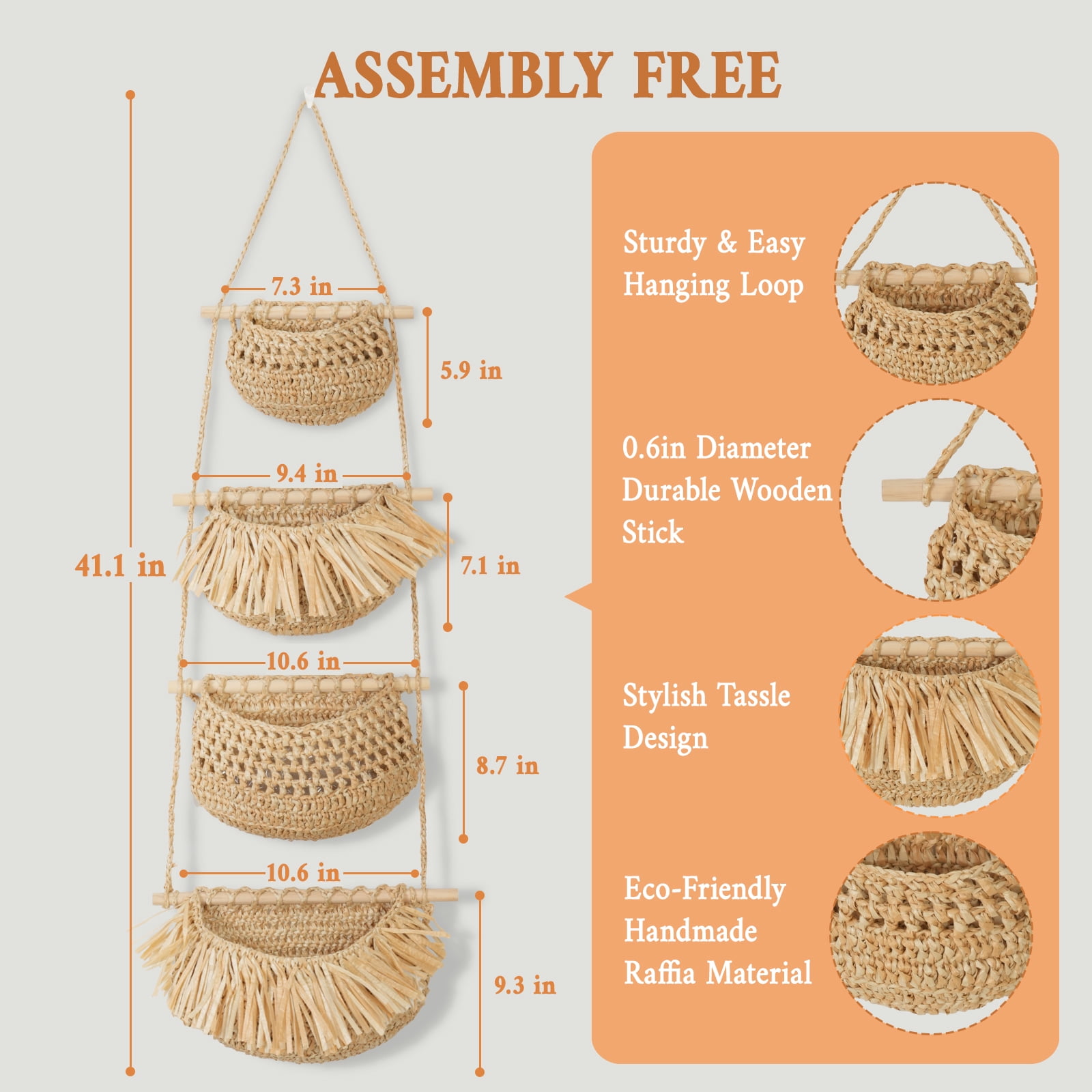 Hanging Fruit Basket, ZUEXT 4 Tier Over the Door Organizer, Handmade Woven Jute Wall Baskets for Organizing, BOHO Decor, Storage for Kitchen, Living & Bathroom Bedroom.