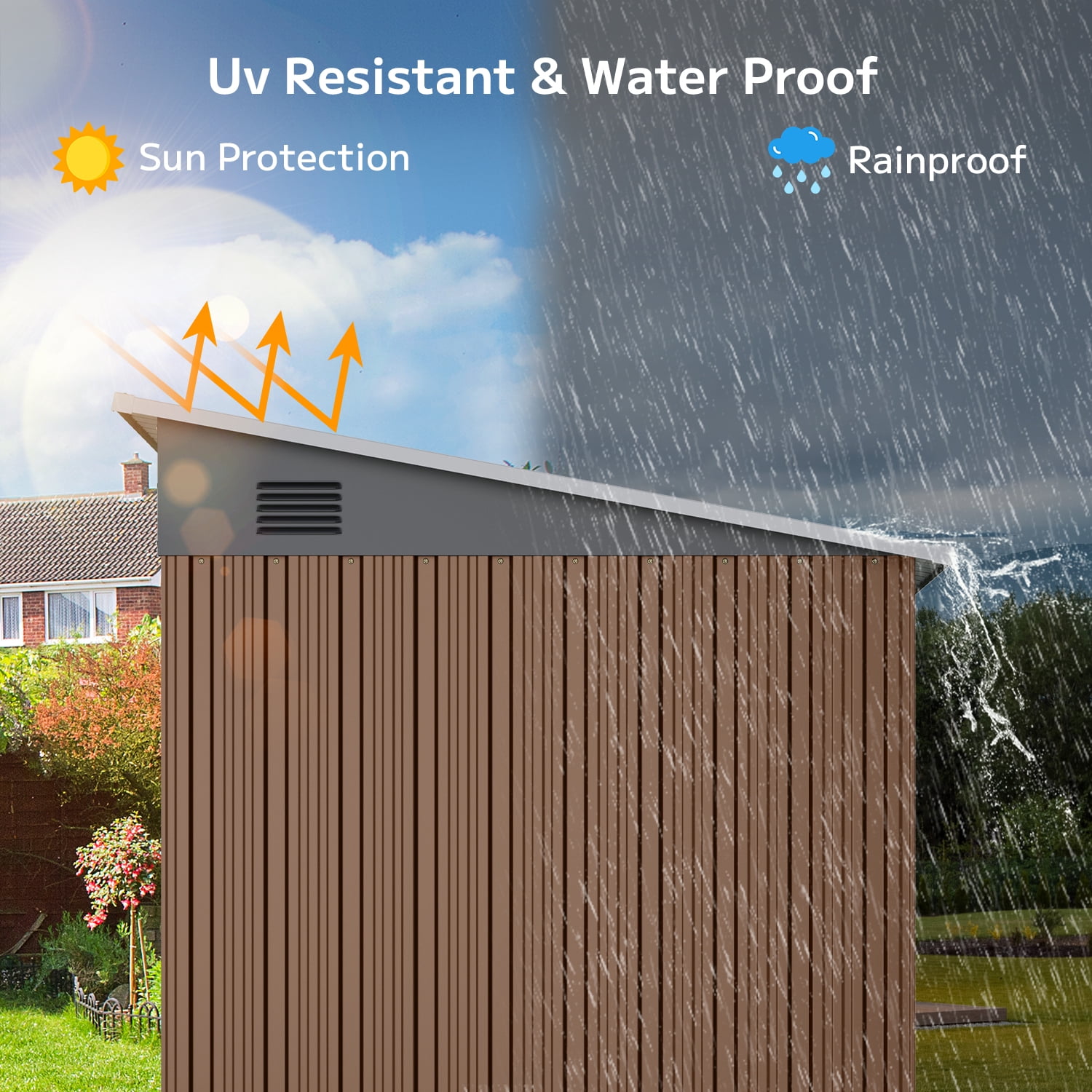 Lockable Double Door Metal Tool Shed, Asofer Brown Outdoor Storage Cabinet with Transparent Light Window for Patio Lawn