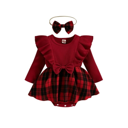 

Binpure Infant Baby Girls Romper Dress Plaid Round Neck Ruffles Long Sleeve Bowknot Skirt Hem Jumpsuits with Headband