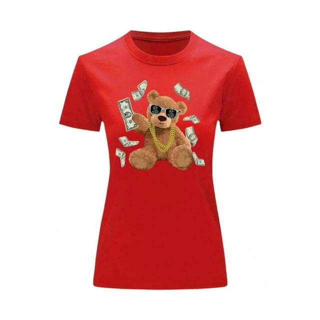 Playera Blusa de Oso Millonario con Dólares Dinero Ropa De Mujer Color Rojo Talla Mediana Marca Emil SaEs