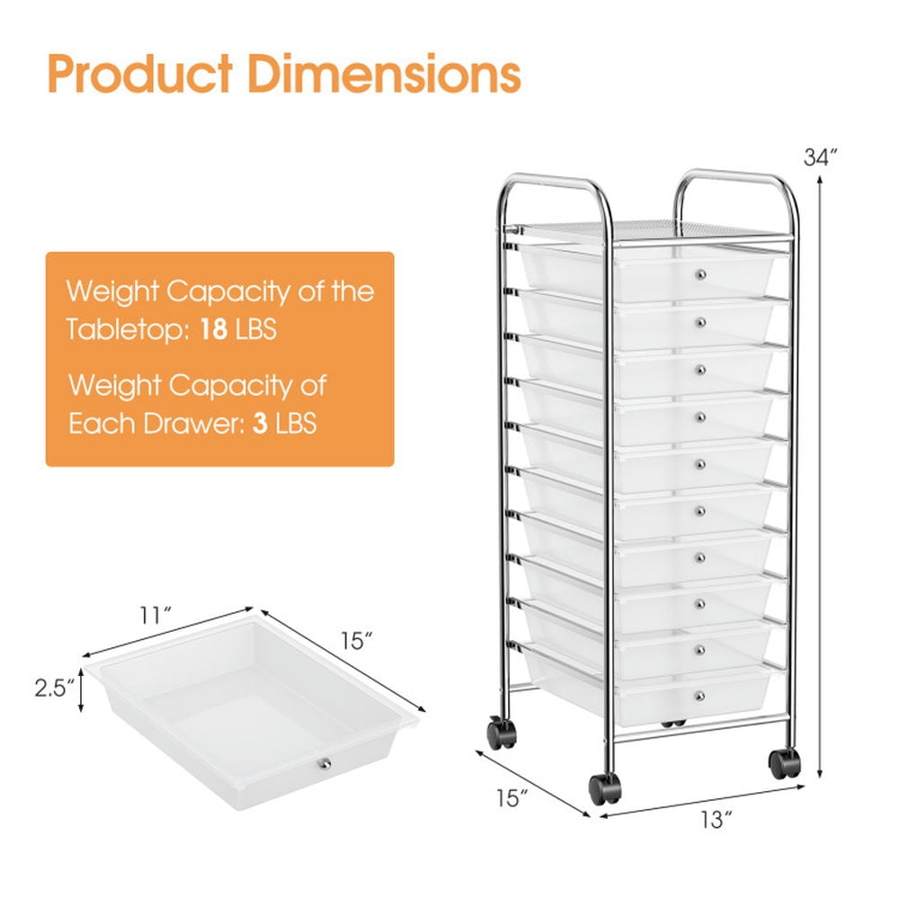 Spaco 10 Drawer Rolling Storage Cart Organizer with 4 Universal Casters-Clear, Craft Organizers and Storage, Multipurpose Organizer Cart for Home, Office, School